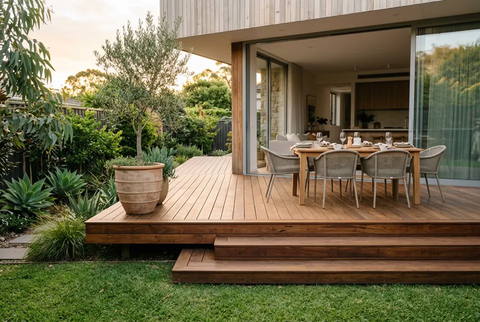 Spotted gum hardwood deck with outdoor dining in a Sydney backyard