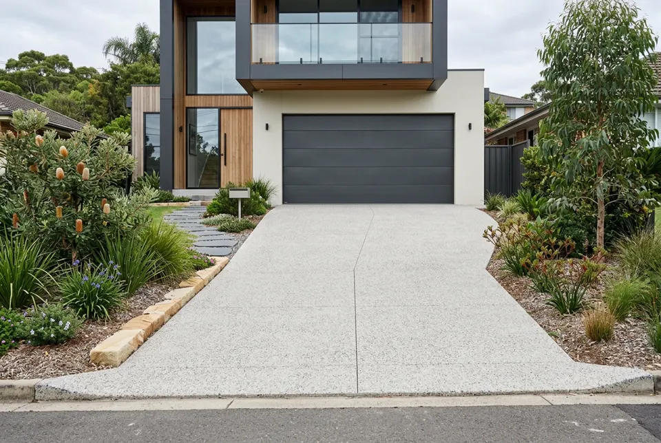 New exposed aggregate concrete driveway leading to a modern home