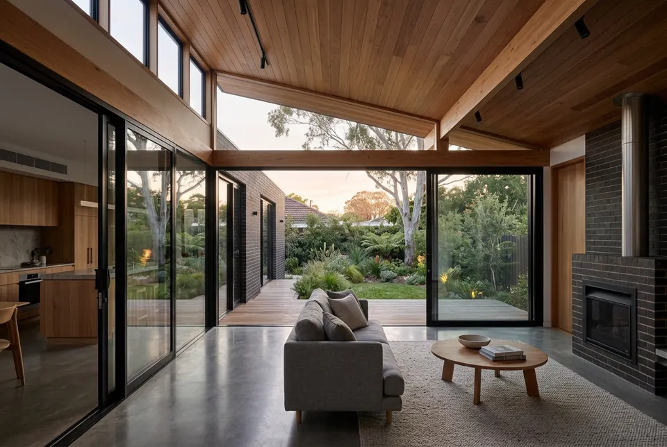 Light-filled rear home extension with raked timber ceiling and glass doors