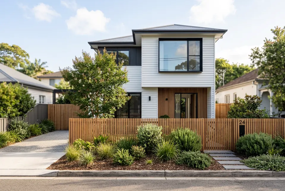 Modern home exterior with fresh white cladding, black windows and timber fence