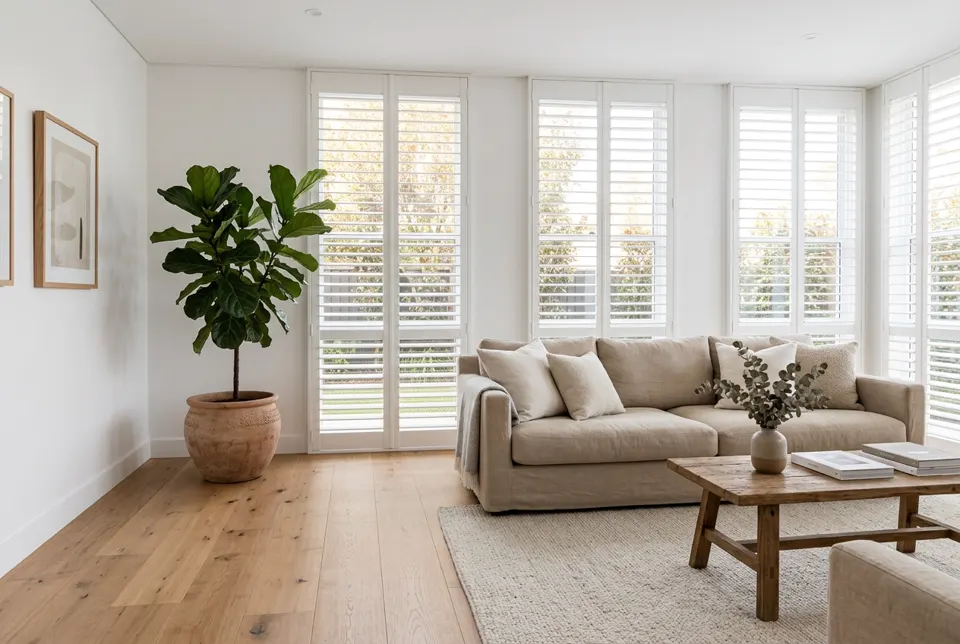 Living room with new wide oak floorboards and plantation shutters