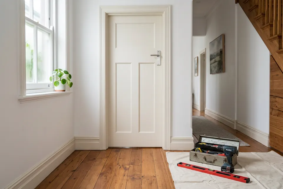 Tidy toolbox and spirit level beside a freshly hung timber door in a Sydney hallway