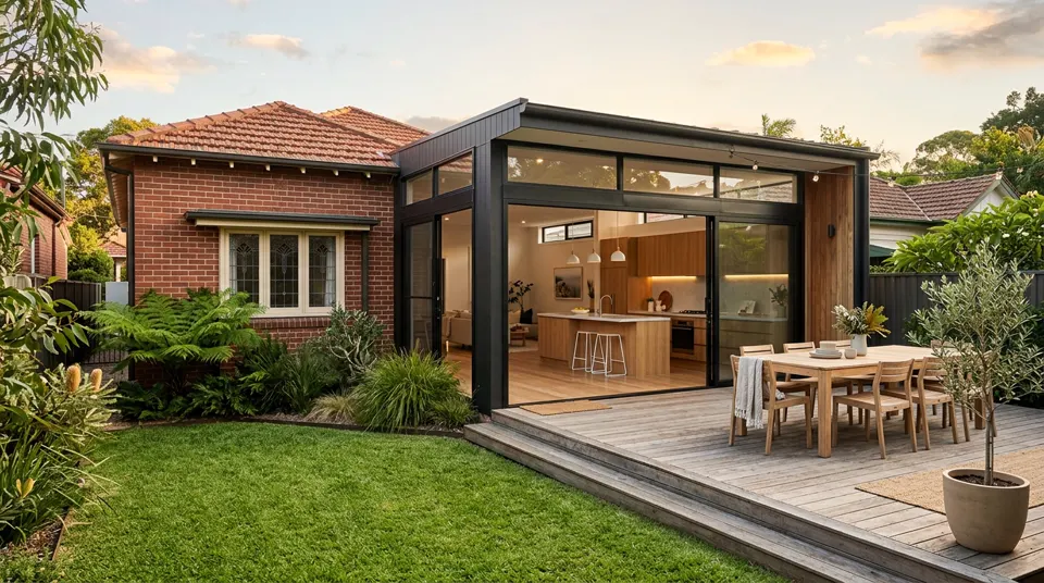 Renovated Sydney brick home with a modern rear extension opening onto a timber deck and garden