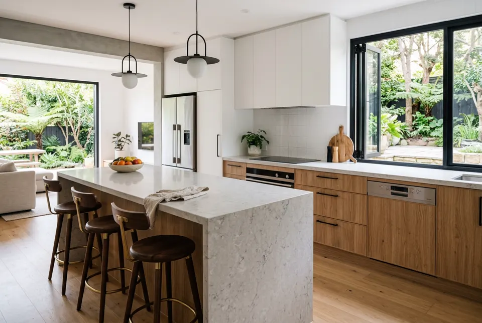 Contemporary kitchen with stone island bench and warm oak cabinetry