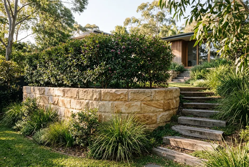 Sandstone retaining wall in a terraced Sydney garden