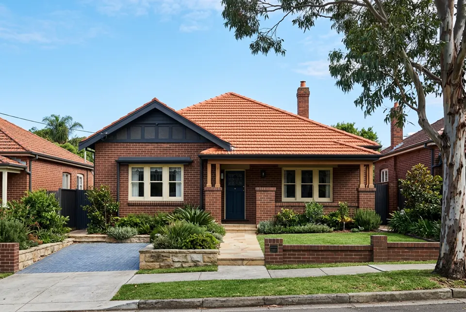 Restored terracotta tiled roof with new charcoal gutters on a brick bungalow