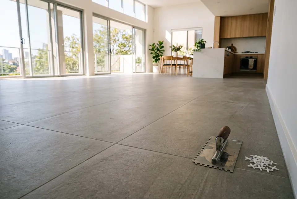 Freshly laid large-format porcelain floor tiles with neat grout lines in a bright Sydney home